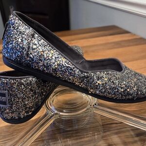 Toms Silver Glitter Flats Sparkle Loafers